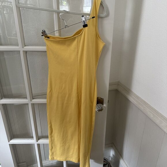 Nine West Dress Womens Large Yellow Bodycon One Shoulder Rib Knit NWOT - Picture 8 of 9